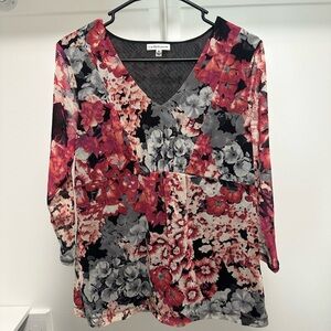 Floral V-Neck Top - Red and Black